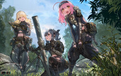  3girls ammunition artist_request belt bird black_gloves blonde_hair blue_hair blue_sky boots breasts brown_eyes character_name clothing_cutout cloud cloudy_sky commentary_request earpiece forest from_below girls&#039;_frontline gloves grass hair_ornament hairband headphones highres holding holding_weapon long_hair long_sleeves looking_at_another looking_at_viewer medium_breasts medium_hair mortar_(weapon) mortar_shell multicolored_hair multiple_girls nature navel navel_cutout official_art open_mouth outdoors pink_hair pp-93_(girls&#039;_frontline) promotional_art sharp_teeth side_ponytail sitting sky small_breasts smile standing tactical_clothes teeth uniform upper_teeth_only weapon yellow_eyes 