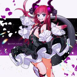  artist_name bad_id bad_pixiv_id black_dress blue_eyes bodypaint boots breasts commentary_request cowboy_shot detached_sleeves dragon_horns dress elizabeth_bathory_(fate) elizabeth_bathory_(fate/extra_ccc) elizabeth_bathory_(first_ascension)_(fate) fate/extra fate/grand_order fate_(series) female frilled_dress frilled_sleeves frills gradient_background grey_background grin hair_ornament hair_ribbon horns lips long_hair looking_at_viewer petals pink_hair pointy_ears poteti purple_background ribbon small_breasts smile solo tail teeth thighs twitter_username white_footwear 