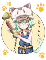  animal_ears animal_hat blouse cacao_(nekopara) cat_ears cat_hat cat_tail circle commentary_request corded_phone cowboy_shot denwa_neko_(meme) eggman_(pixiv28975023) female green_hair hat leaning_to_the_side meme nekopara overall_shorts overalls paw_print phone shigoto_neko shirt short_hair solo tail translated white_background white_shirt yellow_eyes 