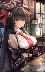  absurdres black_gloves breasts brown_hair coffee commentary_request double_bun female fingerless_gloves girls&#039;_frontline girls&#039;_frontline_neural_cloud gloves hair_between_eyes hair_bun hair_ornament hair_ribbon highres indoors jacket jiangyu_(neural_cloud) jing_th large_breasts light_smile long_hair looking_at_viewer necktie red_necktie ribbon shirt solo type_97_(girls&#039;_frontline) upper_body very_long_hair weibo_watermark white_shirt 