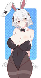  absurdres alternate_costume animal_ears azur_lane bare_shoulders black_bow black_bowtie black_leotard black_pantyhose blush border bow bowtie breasts brown_eyes cleavage commentary covered_navel cowboy_shot detached_collar fake_animal_ears female gloves hair_ribbon head_tilt highleg highleg_leotard highres huge_breasts leotard londom_(lonhomewell) looking_at_viewer pantyhose playboy_bunny rabbit_ears ribbon short_hair sirius_(azur_lane) solo standing strapless strapless_leotard thighband_pantyhose white_border white_gloves white_hair 