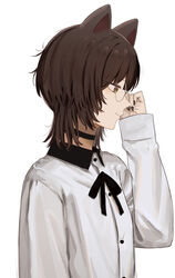  absurdres animal_ears bespectacled black_choker black_nails brown_eyes brown_hair choker closed_mouth collared_shirt dog_ears female glasses hand_up highres ibuki_(ibuki0118) inui_toko long_sleeves looking_away nail_polish nijisanji profile round_teeth shirt short_hair simple_background smile solo teeth virtual_youtuber white_background white_shirt yellow_eyes 