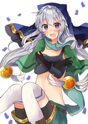  absurdres bike_shorts blush chris_(konosuba) chris_(konosuba)_(cosplay) commentary_request cosplay covering_breasts covering_privates elbow_gloves eris_(konosuba) female gloves grey_hair habit hair_bobbles hair_ornament highres kono_subarashii_sekai_ni_shukufuku_wo! long_hair looking_at_viewer nun purple_eyes scar scar_on_cheek scar_on_face short_shorts shorts thighhighs white_background yuno_(suke_yuno) 