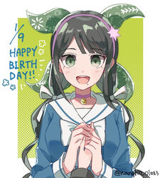  1other :d black_hair chabashira_tenko choker commentary_request danganronpa_(series) danganronpa_v3:_killing_harmony dated female green_background green_eyes hair_ornament hair_ribbon hairband halftone halftone_background happy_birthday holding_hands long_hair long_sleeves looking_at_viewer low_twintails mole mole_under_mouth nanao_(nanao1023) open_mouth pink_hairband ribbon school_uniform shirt skirt smile solo_focus twintails white_ribbon 