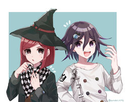  1boy black_headwear black_jacket blush border buttons checkered_clothes checkered_scarf collarbone commentary_request cosplay costume_switch danganronpa_(series) danganronpa_v3:_killing_harmony double-breasted female gem hair_between_eyes hair_ornament hairclip hand_up hat jacket long_sleeves looking_at_viewer nanao_(nanao1023) oma_kokichi open_mouth purple_eyes purple_hair red_hair scarf school_uniform short_hair smile sweatdrop teeth twitter_username upper_body upper_teeth_only white_border white_jacket witch_hat yumeno_himiko 