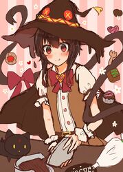  absurdres alternate_costume black_hair candy chocolate chomusuke commentary_request cooking feline female food hat heart heart-shaped_chocolate highres kono_subarashii_sekai_ni_shukufuku_wo! megumin red_eyes short_hair tongue tongue_out valentine witch_hat yuno_(suke_yuno) 