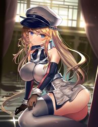  anchor_hair_ornament ass bismarck_(kancolle) bismarck_kai_(kancolle) blonde_hair blue_eyes blurry blurry_background breasts closed_mouth cross curtains detached_sleeves dress elbow_gloves female gloves grey_dress grey_thighhighs hair_ornament hat highres indoors iron_cross kantai_collection military military_hat military_uniform o-sirius panties peaked_cap sitting solo thighhighs underwear uniform window yokozuwari 