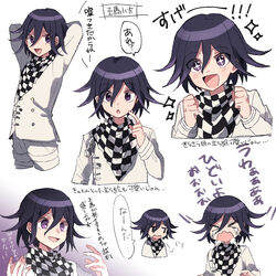  &gt;_&lt; +_+ 1boy :d arms_behind_head arms_up black_hair checkered_clothes checkered_scarf commentary_request cropped_legs cropped_torso danganronpa_(series) danganronpa_v3:_killing_harmony hair_between_eyes happy index_finger_raised jacket long_sleeves looking_at_viewer male_focus multiple_views nanao_(nanao1023) oma_kokichi open_mouth pants purple_eyes purple_hair scarf short_hair simple_background smile speech_bubble straitjacket tears translation_request white_background white_jacket white_pants 