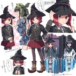  1boy 2girls :d ^_^ black_headwear black_jacket black_pantyhose blue_shirt blue_skirt blush boots brown_hair chabashira_tenko checkered_clothes checkered_scarf closed_eyes collared_shirt commentary_request danganronpa_(series) danganronpa_v3:_killing_harmony full_body hair_ornament hairclip hand_on_own_hip hands_up hat index_finger_raised jacket long_hair multiple_girls nanao_(nanao1023) oma_kokichi open_mouth pantyhose pleated_skirt purple_hair red_hair red_skirt scarf school_uniform shirt short_hair skirt smile solo_focus speech_bubble standing straitjacket sweatdrop translation_request trembling witch_hat yumeno_himiko 