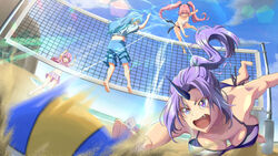  1other 3girls :d androgynous arms_up ball barefoot beach beach_volleyball bikini bikini_skirt black_horns black_ribbon blue_hair blue_shorts blue_sky breasts cloud cloudy_sky day floating_hair hair_intakes highres honba_misaki horns jumping large_breasts long_hair milim_nava mismatched_bikini multiple_girls navel ocean oerba_yun_fang oni oni_horns open_mouth outdoors pink_hair pink_skirt pleated_skirt ponytail purple_eyes purple_hair purple_nails ribbon rimuru_tempest sand shion_(tensei_shitara_slime_datta_ken) shirt short_sleeves shorts shuna_(tensei_shitara_slime_datta_ken) side-tie_bikini_bottom single_horn skirt sky small_breasts smile soles stomach strapless strapless_bikini striped_bikini striped_clothes summer sunlight swimsuit tensei_shitara_slime_datta_ken tongue twintails very_long_hair volleyball volleyball_(object) volleyball_net water white_bikini white_horns white_shirt 