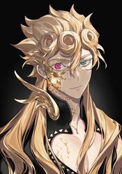  1boy aqua_eyes backlighting blonde_hair clothing_cutout curly_hair dark_background earrings expressionless giorno_giovanna gold gold_experience_requiem gradient_background hair_between_eyes heterochromia highres jewelry jojo_no_kimyou_na_bouken long_hair looking_at_viewer male_focus pink_eyes pointy_hair simple_background tiyi_(tiyi_a09) uneven_eyes upper_body vento_aureo 