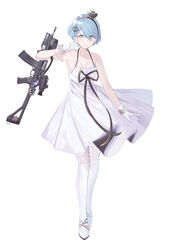  absurdres artist_name assault_rifle bare_shoulders blue_hair blush bracelet breasts cleavage collarbone commentary dress female full_body girls&#039;_frontline gloves grey_eyes gun gun_sling hair_ornament hair_over_one_eye hairband halter_dress halterneck highres jewelry kalashnikov_rifle kimi_(jxrm5387) looking_at_viewer medium_breasts official_alternate_costume rifle shoes short_hair simple_background solo thighhighs weapon white_background white_dress white_footwear white_gloves white_thighhighs zas_m21_(girls&#039;_frontline) zas_m21_(white_queen)_(girls&#039;_frontline) zastava_m21 