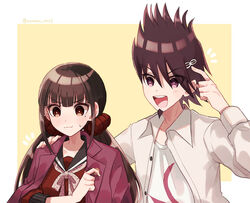  1boy blunt_bangs blush brown_hair collarbone collared_shirt commentary_request cosplay costume_switch danganronpa_(series) danganronpa_v3:_killing_harmony dress_shirt facial_hair female goatee hair_ornament hair_scrunchie hairclip hand_on_another&#039;s_shoulder hand_up harukawa_maki jacket jacket_on_shoulders long_hair long_sleeves looking_at_another low_twintails mole mole_under_eye momota_kaito nanao_(nanao1023) open_clothes open_jacket open_mouth open_shirt pink_jacket pointing pout print_shirt red_eyes red_scrunchie red_shirt scrunchie shirt spiked_hair sweatdrop twintails twitter_username upper_body white_background white_shirt yellow_background 