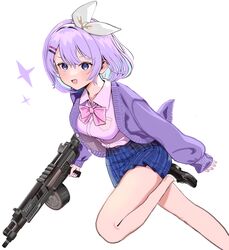  apex_legends bad_id bad_pixiv_id black_footwear blue_eyes blue_hair blue_skirt blush bow breasts cardigan collared_shirt colored_inner_hair eva-8_shotgun female gun hair_behind_ear hair_ornament hairclip holding holding_gun holding_weapon medium_breasts multicolored_hair nijisanji nijisanji_kr nun_bora nun_bora_(2nd_costume) open_hand pink_bow pink_shirt purple_cardigan purple_hair running shirt shirt_tucked_in short_hair shotgun skirt sleeves_past_wrists solo sparkle sumida_bunchou virtual_youtuber weapon white_background 