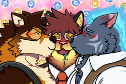  3:2 anime_nosebleed anthro barrel_(live_a_hero) blood blue_body blue_fire blue_fur blush bodily_fluids brown_body brown_fur canid canine canis colored_fire eyewear felid fire flaming_hair flaming_mane fur furlong_(live_a_hero) glasses group hi_res hyena kissing lifewonders lion live_a_hero male male/male mammal necktie nosebleed pantherine pseudo_hair pseudo_mane toronoekaki trio wolf 