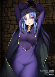  arms_up artist_name blush bondage bound bound_wrists breasts cape chains collar commentary_request commission cuffs dress dungeon fate/stay_night fate_(series) female highres long_hair looking_at_viewer medea_(fate) medium_breasts open_mouth ornament pointy_ears purple_dress purple_eyes purple_hair sheita sidelocks solo stone_wall wall 