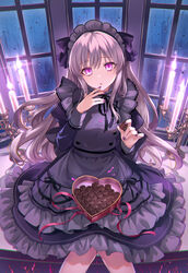  back_bow black_ribbon bow box box_of_chocolates candle candlelight candlestand chocolate dress feet_out_of_frame female finger_to_mouth fire food frilled_dress frilled_hairband frills from_above grey_hair hair_ribbon hairband hands_up heart-shaped_box highres holding holding_chocolate holding_food idolmaster idolmaster_shiny_colors iku2727 indoors juliet_sleeves knees_together_feet_apart long_hair long_sleeves looking_at_viewer nail_polish neck_ribbon parted_lips puffy_sleeves purple_dress purple_eyes purple_hair purple_nails purple_ribbon rain red_ribbon ribbon sitting solo splatter very_long_hair window windowsill yukoku_kiriko 