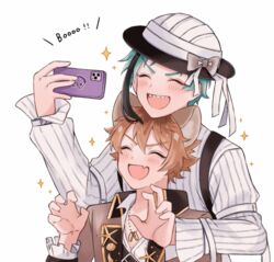  2boys black_hair blue_hair blush closed_eyes floyd_leech height_difference holding holding_phone hyena_boy hyena_ears male_focus multicolored_hair multiple_boys nana_(eegm4275) orange_hair phone pose ruggie_bucchi selfie sharp_teeth smile teeth twisted_wonderland white_background 