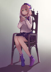  :3 absurdres beret blue_eyes blue_nails bow breasts brown_hair chair cup female flower grey_background hair_flower hair_ornament hat highres holding horns long_sleeves looking_at_viewer mug nail_polish nijisanji no_shoes plaid plaid_skirt purple_bow purple_hat purple_skirt purple_socks satou_aji shadow simple_background sitting skirt smile socks solo steam striped suzuhara_lulu sweater virtual_youtuber white_bow x_hair_ornament 