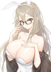  absurdres akane_(blue_archive) akane_(bunny)_(blue_archive) animal_ears bare_arms bare_shoulders black-framed_eyewear blue_archive breasts brown_eyes brown_hair cleavage closed_mouth collarbone fake_animal_ears female glasses hair_between_eyes hairband hand_on_own_chest hand_up hands_up highres large_breasts leotard long_hair looking_at_viewer looking_over_eyewear official_alternate_costume plaid playboy_bunny rabbit_ears raku_(clearpage) revision shawl simple_background smile solo strapless strapless_leotard upper_body white_background white_leotard 