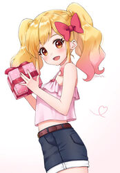  :d aikatsu!_(series) aikatsu_on_parade! aikatsu_stars! bad_id bad_pixiv_id bare_arms bare_shoulders belt black_shorts blonde_hair blush bow box brown_belt brown_eyes camisole commentary_request female gift gift_box gradient_background gradient_hair hairbow heart holding holding_gift looking_at_viewer looking_to_the_side midriff multicolored_hair nijino_yume open_mouth pink_background pink_camisole pink_hair polka_dot red_bow short_shorts shorts smile solo twintails twitter_username white_background yumoran 