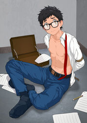  1boy absurdres arms_behind_back bad_id bad_pixiv_id beitemian belt black-framed_eyewear black_hair black_socks bound bound_arms brian_pasternack briefcase brown_eyes closed_mouth commentary_request glasses highres looking_at_viewer loose_necktie male_focus necktie nipples on_floor open_clothes open_shirt paper pencil photoshop_(medium) red_necktie shirt sitting socks solo sweatdrop white_shirt yuppie_psycho 