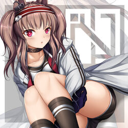  angelina_(arknights) animal_ears arknights black_gloves black_shorts black_socks blush brown_hair choker collarbone commentary english_commentary female gloves hairband holding_legs jacket long_hair long_sleeves looking_at_viewer open_clothes open_mouth red_eyes red_hairband sheita shorts socks solo twintails white_jacket 