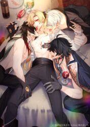  4boys alcohol black_hair blonde_hair brown_hair character_request colored_tips earrings frilled_shirt frills gem hair_over_eyes high_ponytail hiki_yuichi holding_hands_is_lewd interlocked_fingers jewelry lens_flare licking licking_another&#039;s_neck light_particles light_rays looking_at_viewer lying male_focus male_harem multicolored_hair multiple_boys nipples open_clothes orange_hair oujitachi_no_insan red_eyes red_gemstone shirt short_hair tongue tongue_out white_hair wine yaoi yellow_gemstone 