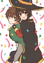  1boy absurdres black_hair blush brown_hair cape carrying commentary_request confetti female fingerless_gloves gloves green_eyes hat highres kono_subarashii_sekai_ni_shukufuku_wo! looking_at_viewer megumin piggyback red_eyes satou_kazuma short_hair white_background witch_hat yuno_(suke_yuno) 