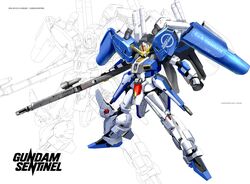  absurdres artist_name asterozoa clenched_hand commentary copyright_name ex-s_gundam glowing glowing_eyes green_eyes gun gundam gundam_sentinel highres holding holding_gun holding_weapon looking_down mecha mobile_suit no_humans robot science_fiction solo v-fin weapon 