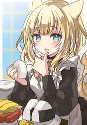  animal_ears apron blonde_hair blush bow colored_inner_hair commentary fangs female food fox_ears fox_girl fuwafuwa-chan_(kamiyoshi_rika) green_eyes highres kamiyoshi_rika long_hair looking_at_viewer maid maid_apron multicolored_hair omelet onigiri open_mouth original rice_cooker sausage solo tamagoyaki tongue white_hair 