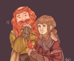  2boys beard bombur braid duo dwarf facial_hair fingerless_gloves gloves male male_focus middle_earth multiple_boys orange_hair ori_(the_hobbit) scarf seki the_hobbit 