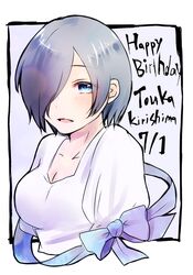  blue_eyes blue_ribbon blush breasts character_name chii_(sbshop) cleavage collarbone commentary_request eyes_visible_through_hair female framed hair_over_one_eye happy_birthday kirishima_touka looking_at_viewer looking_to_the_side medium_breasts no_arms open_mouth purple_hair ribbon shirt short_hair short_sleeves simple_background solo tokyo_ghoul white_background white_shirt 