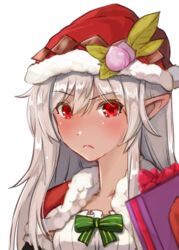  blush bow buronko commentary_request dark-skinned_female dark_skin female food-themed_hair_ornament frown gift green_bow grey_hair hair_ornament hat long_hair looking_at_viewer peach_hair_ornament pointy_ears red_eyes santa_hat simple_background solo tanigawa_kent touhou upper_body white_background 