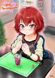  absurdres blush board_game bracelet collarbone commentary_request drink drinking_straw female glass highres idolmaster idolmaster_cinderella_girls jacket jewelry murakami_tomoe red_eyes red_hair shogi short_hair solo takuji_yuusaku 