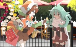  2girls ahoge alternate_skin_color bag baguette bare_arms braid bread bright_pupils brown_gloves brown_hair brown_shorts capelet commentary_request cowboy_shot drink drinking_straw emerada_(xenogears) eyebrows fingerless_gloves flying_sweatdrops food gloves green_hair hair_between_eyes hair_in_own_mouth hat holding holding_bag ice_cream ice_cream_cone long_hair long_sleeves marguerite_fatima miniskirt multiple_girls orange_capelet orange_eyes orange_hat pleated_skirt popped_collar prehensile_hair red_skirt samidare_(hoshi) scarf shopping_bag short_sleeves shorts sideways_mouth skirt standing turtleneck umbrella v-shaped_eyebrows white_pupils white_scarf xenogears 