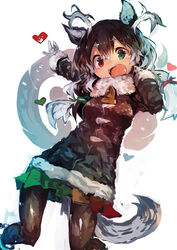  absurdres animal_ears antlers bell brown_hair christmas coat collar commentary_request deer_ears deer_tail female fur_collar fur_trim green_eyes hair_tie heterochromia highres horns kaamin_(mariarose753) kemono_friends long_hair long_sleeves multicolored_hair neck_bell pantyhose pleated_skirt red_eyes reindeer_(kemono_friends) reindeer_antlers skirt solo tail twintails 