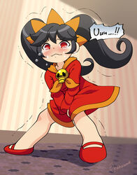  artist_name ashley_(warioware) bangs between_legs black_hair blush closed_mouth collarbone crying dress embarrassed eyebrows_visible_through_hair female female flat_chest full_body hairband hand_between_legs hands_together have_to_pee indoors kakuume legs_apart long_hair long_sleeves nintendo nose_blush orange_hairband orange_neckwear red_dress red_eyes red_footwear shiny shiny_hair shoes signature skull solo speech_bubble standing tears tied_hair trembling twintails v_arms warioware wavy_mouth 