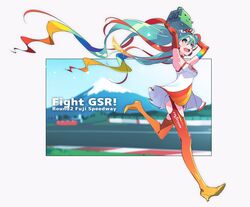  blue_hair boots commentary dress elbow_gloves female full_body gloves goodsmile_company goodsmile_racing hatsune_miku highres long_hair orange_footwear orange_thighhighs race_queen racing_miku racing_miku_(2016) solo thigh_boots thighhighs vocaloid yoneyama_mai 