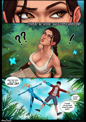  1boy 2girls amber_eyes aroma_sensei artist_name black_border blonde_hair bodysuit breasts brown_hair butterfly cleavage clothing comic crossover curvy english_text female female_with_female hair high_heels lara_croft lara_croft_(classic) large_breasts looking_up male male_with_female metroid multiple_girls nintendo no_bra ponytail samus_aran shirt shorts speech_bubble text thick_thighs tomb_raider video_games waifunator_3000 watermark wide_hips zero_suit zero_suit_samus 