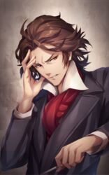  1boy ascot brown_eyes brown_hair commentary_request conductor_baton formal hand_up looking_at_viewer ludwig_van_beethoven male_focus official_art parted_lips red_ascot sekai_no_rekishi_jinbutsu_jiten solo suit tokumaru upper_body 