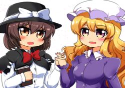  2girls bad_id bad_pixiv_id blonde_hair blush book bow brown_eyes brown_hair capelet dr.latency&#039;s_freak_report fedora hat hat_bow holding_hands maribel_hearn mob_cap motsu_(selshia12) multiple_girls open_mouth purple_eyes steepled_fingers touhou usami_renko white_bow 