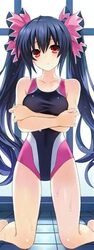  arms_under_breasts bare_shoulders barefoot black_bow black_hair black_one-piece_swimsuit blush bow breast_hold breasts chou_megami_shinkou_noire_gekishin_black_heart cleavage collarbone competition_swimsuit covered_navel crossed_arms female hair_between_eyes hairbow head_tilt hip_focus jpeg_artifacts legs_apart looking_at_viewer medium_breasts multicolored_bow multicolored_clothes multicolored_swimsuit neptune_(series) noire_(neptunia) official_art one-piece_swimsuit parted_bangs pink_bow pink_one-piece_swimsuit poolside raised_eyebrows red_eyes sidelocks swimsuit taut_clothes tile_floor tiles tsunako twintails wavy_hair wet 