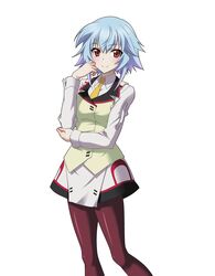  blue_hair female hair_between_eyes highres infinite_stratos infinite_stratos_academy_school_uniform looking_at_viewer necktie pantyhose red_eyes red_pantyhose sarashiki_tatenashi school_uniform shiny_clothes short_hair_with_long_locks sidelocks simple_background smile solo standing uniform white_background yellow_necktie 