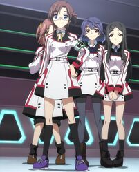  4girls anime_screenshot armband belt belt_buckle black_footwear black_hair black_legwear blue_eyes blue_hair blue_ribbon boots brown_eyes brown_footwear brown_hair buckle collared_shirt dress full_body grey_legwear hand_on_own_hip hiding highres indoors infinite_stratos infinite_stratos_academy_school_uniform long_sleeves looking_at_viewer mayuzumi_kaoruko multiple_girls neck_ribbon nohotoke_honne one_side_up pantyhose ponytail purple_footwear ribbon school_uniform shirt shoes short_hair smile standing stitched third-party_edit v_arms white_belt white_dress white_shirt yellow_ribbon 