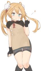  abukuma_(kancolle) bad_id bad_twitter_id bike_shorts black_gloves black_socks blonde_hair blue_eyes blush brown_shirt bun_cover double_bun female flat_chest frown gloves hair_between_eyes hair_bun hair_rings heart highres kantai_collection kneehighs long_hair murakami_meishi partially_fingerless_gloves shirt simple_background socks solo standing sweatdrop twintails white_background 