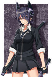  bad_id bad_pixiv_id breasts checkered_necktie eyepatch female fingerless_gloves gloves headgear highres kantai_collection large_breasts left-handed looking_at_viewer necktie partially_fingerless_gloves purple_hair school_uniform sheath short_hair solo sora_yoshitake_yuda sword tenryuu_(kancolle) unsheathed weapon yellow_eyes 