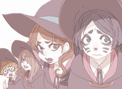  4girls ace_frehley ace_frehley_(cosplay) bad_id bad_twitter_id barbara_parker black_hair brown_eyes brown_hair closed_mouth commentary_request cosplay facepaint gene_simmons gene_simmons_(cosplay) glasses green_eyes hanna_england hat kiss_(rock_band) little_witch_academia looking_at_viewer looking_to_the_side lotte_jansson multiple_girls open_mouth pale_color parted_bangs paul_stanley paul_stanley_(cosplay) peter_criss peter_criss_(cosplay) semi-rimless_eyewear simple_background smile sucy_manbavaran tasaka_shinnosuke under-rim_eyewear unhappy white_background witch witch_hat 