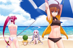  1boy 3girls adapted_costume ahoge ass beach beach_umbrella bikini blindfold blonde_hair blush breasts brown_hair cloud commentary_request day food fruit grey_hair grin hood hoodie huge_ahoge katana kido_hyde koyama_keisuke linne_(under_night_in-birth) long_hair midriff multicolored_hair multiple_girls navel ocean open_clothes open_hoodie open_mouth orange_shirt outdoors ponytail purple_eyes red_eyes ribbon shirt short_hair short_sleeves sitting small_breasts smile suikawari swimsuit sword tankini two-tone_hair umbrella under_night_in-birth vatista_(under_night_in-birth) watermelon weapon yuzuriha_(under_night_in-birth) 