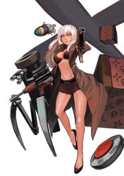  absurdres audrey_(herowarz) bad_id bad_pixiv_id blonde_hair blue_eyes breasts cleavage female gun herowarz highres jacket legs lips long_hair looking_at_viewer medium_breasts navel photoshop_(medium) raised_eyebrow rifle rocket short_shorts shorts solo tamidro thighs weapon 